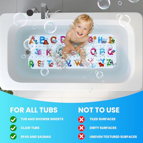 Baby Bath Tub Mat, Extra Large Non Slip Kids Cartoon Bathtub Shower Mats with Suction Cups & Drain Holes, Machine Washable for Bathroom, 40 x 16 Inch, Alphabet Animals Pattern - color: Alphabet Animals
