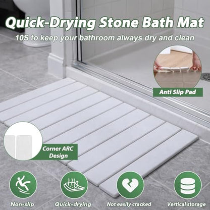 Foldable Stone Bath Mat, 23x15 Inch White Stone Bathmat Quick Dry, Diatomaceous Earth Mats Water Absorbing Diatomite Self Drying Mats, Multi-purpose Drying Mat for Kitchen Counter Dish Bathroom Dry - color: White