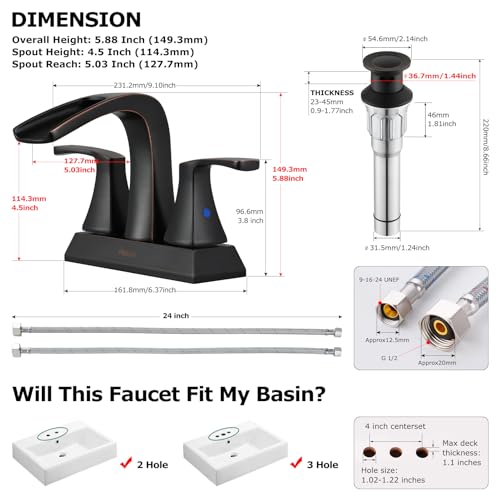 Waterfall Bathroom Sink Faucet 2 Handle Centerset, Oil Rubbed Bronze | 4 Inch Lead-Free Deck Mount Vanity Faucet with Pop Up Drain Supply Lines, for 3 Hole Lavatory Utility Sink - color: Oil Rubbed Bronze