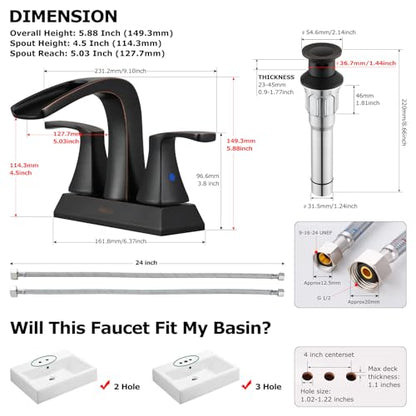 Waterfall Bathroom Sink Faucet 2 Handle Centerset, Oil Rubbed Bronze | 4 Inch Lead-Free Deck Mount Vanity Faucet with Pop Up Drain Supply Lines, for 3 Hole Lavatory Utility Sink - color: Oil Rubbed Bronze