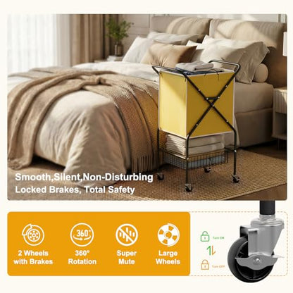 Convenient Laundry Basket with Wheels,36" High Easy Rolling Laundry Cart with Wheels,Heavy Duty Dirty Clothes Laundry Hamper with Handles Removable Bag for Seniors,Folding Metal Frame/Yellow/98L - color: Yellow
