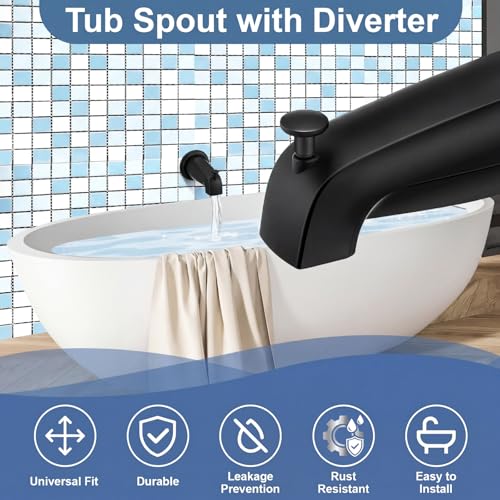 Enhon Tub Spout, Universal Fits 1/2'' Copper Pipe, 1/2'' IPS and 3/4'' IPS, Bathroom Bathtub Tub Faucet Replacement with Adapters(with Diverter,Matte Black) - color: Matte Black, style: with Diverter
