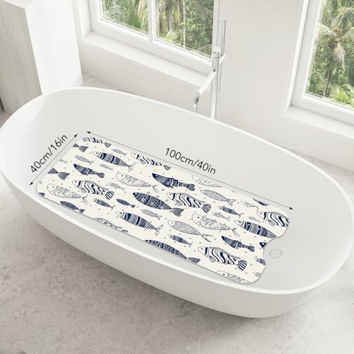 SHUCHING Bath Mat for Tub Non Slip-40x16 Inch, Blue and White Fish | Bathtub Mat Mold Free, Long Shower Mat for Inside Shower with Suction Cup, Machine Washable - color: Blue Fish
