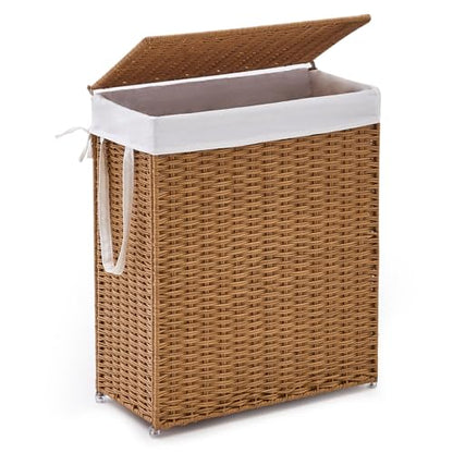 Slim Wicker Laundry Hamper with Lid, 75L Handwoven Rattan Basket with Handles, Narrow Laundry Basket with Removable Liner Bag & 2 Mesh Bags - color: Rattan with Lid, size: 75L