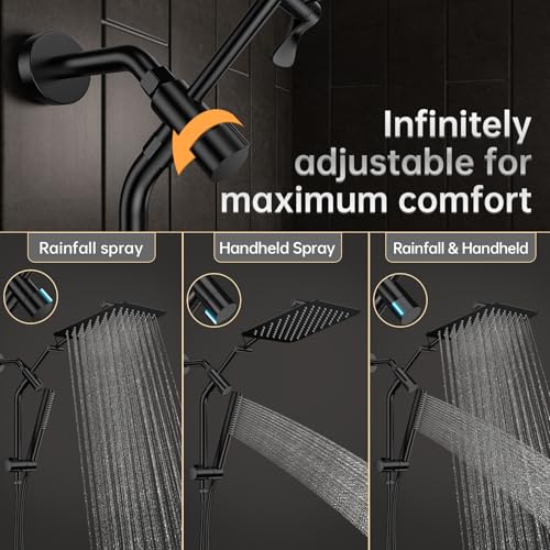 Veken 10" Luxurious All Metal Rain Shower Head with Handheld Spray Combo, High Pressure Rainfall Square Shower Heads with Extension Arm, Wide Dual Showerhead, Bathroom Accessories, Matte Black - color: Matte Black
