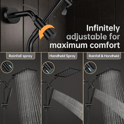 Veken 10" Luxurious All Metal Rain Shower Head with Handheld Spray Combo, High Pressure Rainfall Square Shower Heads with Extension Arm, Wide Dual Showerhead, Bathroom Accessories, Matte Black - color: Matte Black