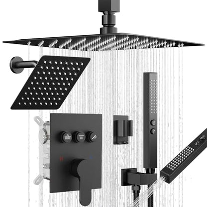 Shower Faucet Set, Wall Mount 12" Rain Shower System with Handheld and 6" Rainfall Shower Head, Can Use 2 Modes Together for Two People, 3 Way Shower Valve with 5 Diverter Complete, Matte Black - color: Matte Black, size: 6+12 inch-07
