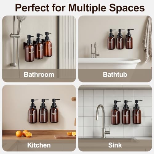 Shampoo and Conditioner Dispenser Set of 3, Amber | 16.9 oz Refillable Bottles, Black Pumps, No-Drill Wall Mount, 27 Labels, For Bathrooms, Hotels and Airbnbs - color: Dark Amber + Black Pump