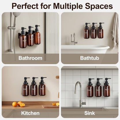 Shampoo and Conditioner Dispenser Set of 3, Amber | 16.9 oz Refillable Bottles, Black Pumps, No-Drill Wall Mount, 27 Labels, For Bathrooms, Hotels and Airbnbs - color: Dark Amber + Black Pump