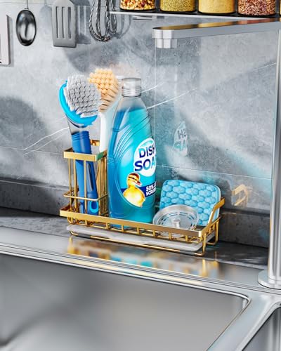 Consumest Sink Caddy, Kitchen Sponge Holder with Dish Brush Holder, Kitchen Sink Organizer with Drip Tray for Countertop, Stainless Steel Rustproof - Gold - color: Gold
