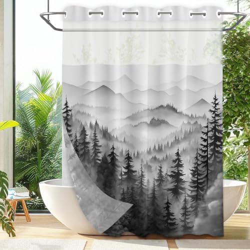 Black Forest Mens Hookless Shower Curtain with Liner, 71x86 in, Extra Long | No Hook, Snap in Liner, Nature Mountain Bathroom Decor, Waterproof Polyester, See Through Top, XL Tall Floor to Ceiling - color: Black, size: 71"W x 86"L (Pack of 1)