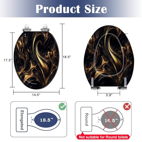 Elongated Toilet Seat Abstract marble fluid art painting alcohol ink style a black gold Resin Toilet Seat Slow Quiet Close with Quick-Release Hinges Toilet Seat with Cover Easy to Clean Install
