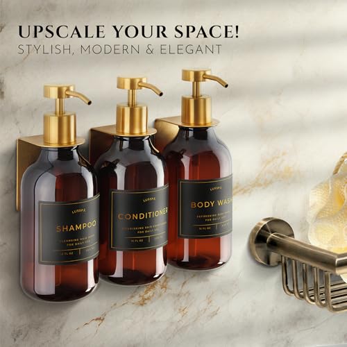 Shower Shampoo Dispenser Wall Mounted – 3 Refillable 16.9 oz Amber Bottles with Stainless Steel Pumps & No-Drill Adhesive Holders – Soap Dispenser Set for Bathroom (3 X Amber/Gold) - color: 3 X Amber/Gold