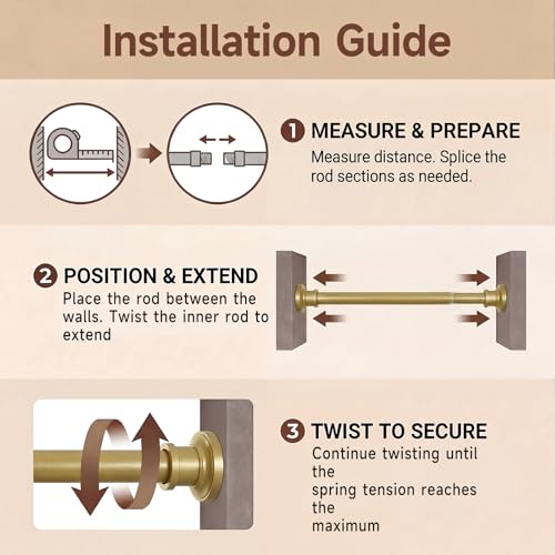 Gold Tension Curtain Rod 24 to 64 Inch(2-5.3ft) - Stainless Steel Spring Tension Shower Curtain Rod, No Drilling Satin Gold Tension Rod for Curtains Windows Closet Kitchen - color: Satin Gold, size: 24-64 Inches