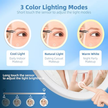 30x Magnifying Mirror With Light, Rechargeable 3 Color Modes Dimming Large 6'' Lighted With Suction Cups, Travel Makeup Magnification With Tweezers & Scissors - color: 30x -Pink