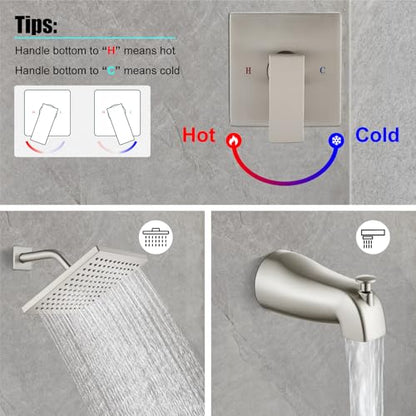 Heyalan 8-Inch Shower Faucet Set with Tub Spout and Valve,Brushed Nickel | 8-inch square rainfall head, tub spout with diverter, male-thread rough-in valve, single-handle control and wall-mount design - color: Brushed Nickel, size: 8 Inch Square Shower He