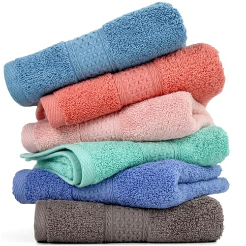 Cleanbear Hand Towels 6-Pack, Soft Cotton Hand Towels, 6 Colors, 13” x 13” | Absorbent Bathroom Hand Towels, Lightweight and Quick Dry for Daily Use, Assorted Colors - color: Seafoam Green, Baby Pink, Brown, Blue Gray, Rust, Lavender