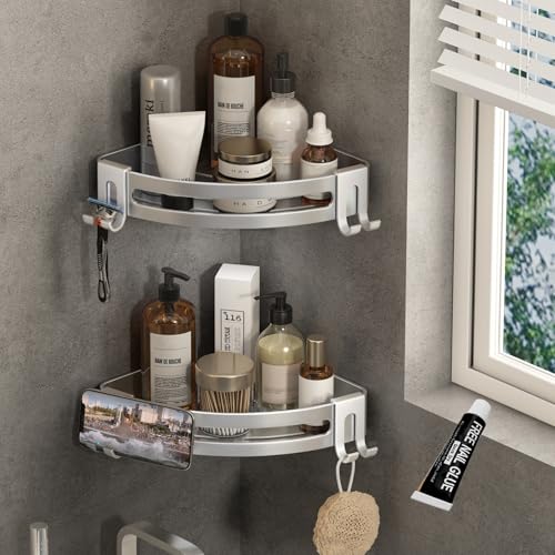 VOLPONE Corner Shower Caddy with Razor Holder Adhesive Shower Shelf Corner No Drilling Bathroom Corner Shower Organizer Storage Rack Shampoo Holder Wall Mount (2-Pack, Silver) - color: Silver