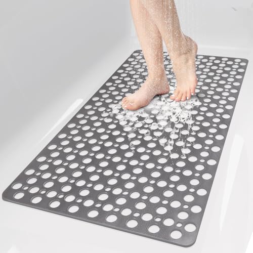 Bathtub Mat Non Slip: 30x17 inch Soft TPE Shower Mat with Suction Cups and Drain Holes, Efficient Drainage Anti Slip Shower Mats for Inside Shower, Easy to Dry&Cut, Machine Washable - color: Grey, size: 30" x 17" (Rectangular)