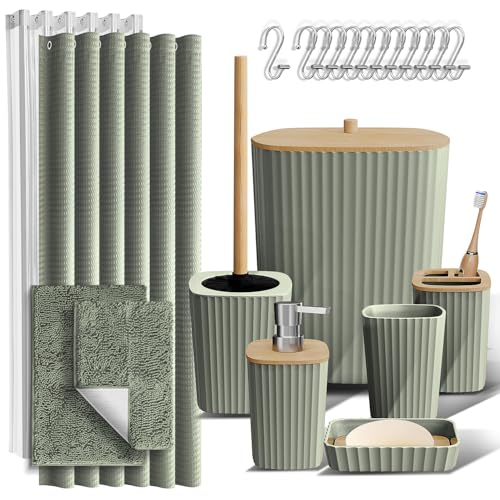 Clara Clark Bathroom Accessories Set - Bathroom Set, Bathroom Sets with Shower Curtain and Rugs, Shower Curtain Set with Trash Can - Sage Green - 22PC | 22 Piece Sage Green Bathroom Accessories Set with Toothbrush Holder, Soap Dispenser, Soap Dish, Toilet
