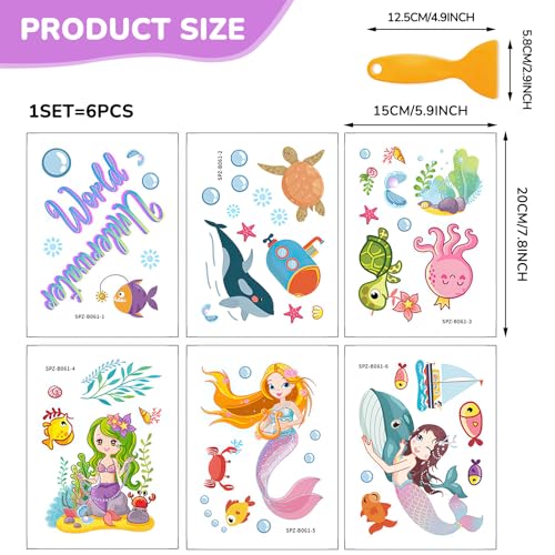 PRATIQUE Non Slip Bathtub Stickers, 6 Pages Underwater World Mermaid | Sea Organisms Stickers, Adhesive Kids Anti Slip Decal Threads, Shower Floor and Bath Tub Decals, Premium Scraper - color: Mermaid