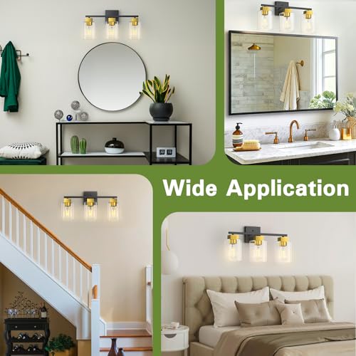Black and Brushed Gold Bathroom Vanity Light, 3-Light Vanity Lighting fixtures Over Mirror, Square Design & UL Certification, Wall Sconces with Clear Glass Shades, E26 Socket (Bulbs Not Included) - color: Black and Brushed Gold, size: 3 Light