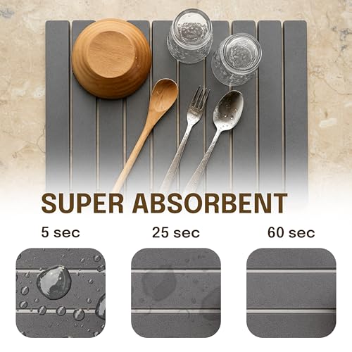 Stone Dish Drying Mat, 24 x 16 Inch Absorbent Diatomite Countertop Mat for Dishes, Cups, Bottles, Coffee Bar and Sink Area, Gray