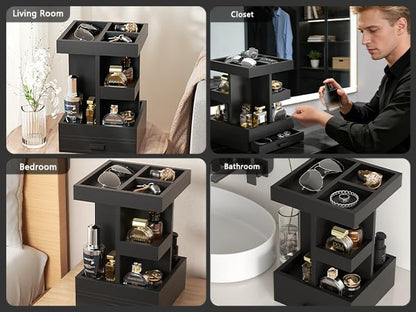 Rotating Cologne Organizer for Men, 3 Tier Wooden Stand with Drawer | 360 Spinning Perfume Holder, Large Capacity Modern Men's Vanity Tray & Dresser Organizer, Sleek Matte Black Wood Construction