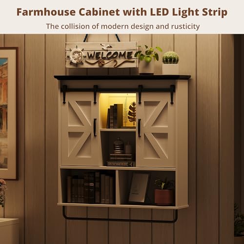 IRONCK Bathroom Wall Cabinet, Farmhouse Medicine Cabinet with Sliding Barn Door and LED Lights, Storage Cabinet Wall Mounted with Adjustable Shelves & Towel Bar for Bathroom, Kitchen, White