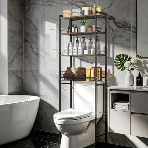 Over The Toilet Storage Rack 4-Tier Freestanding Bathroom Organizer Shelf Over Toilet with Adjustable Shelf & Basket, Space-Saving for Small Spaces, Rustic Brown