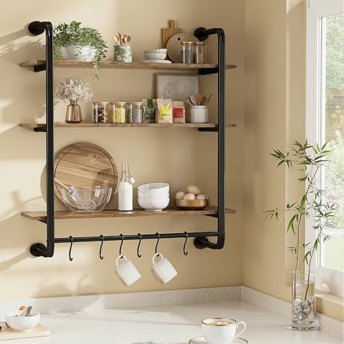 3 Tier Industrial Pipe Floating Shelf, 24" Kitchen Wall Shelves | with Towel Bar & 6 Hooks, Coffee Bar Shelves Display Bookshelf Wall Shelf for Kitchen, Bathroom, Home Décor, Rustic Brown - size: 24 Inch（3 Tier）