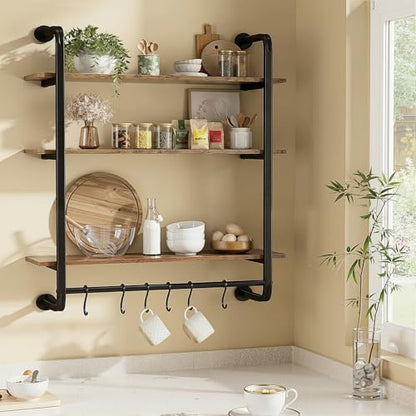 3 Tier Industrial Pipe Floating Shelf, 24" Kitchen Wall Shelves | with Towel Bar & 6 Hooks, Coffee Bar Shelves Display Bookshelf Wall Shelf for Kitchen, Bathroom, Home Décor, Rustic Brown - size: 24 Inch（3 Tier）