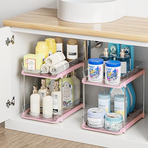 Delamu 2-Tier Multi-Purpose Bathroom Under Sink Organizers and Storage, Stackable Kitchen Pantry Organization, Pull Out Medicine Cabinet Organizer with Movable Dividers, Pink, 2 Pack - color: Pink, size: 2 Pack