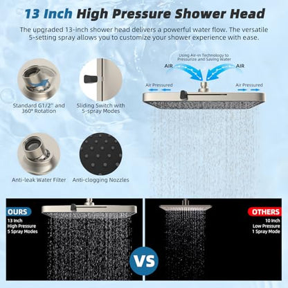 Hibbent 13'' Rain Shower Head with 12'' Extension Arm, Brushed Nickel | High Pressure 5 Modes Rainfall Shower Head with Solid Brass Adjustable Shower Arm Extender, Waterfall fixed Square Showerhead - color: Brushed Nickel