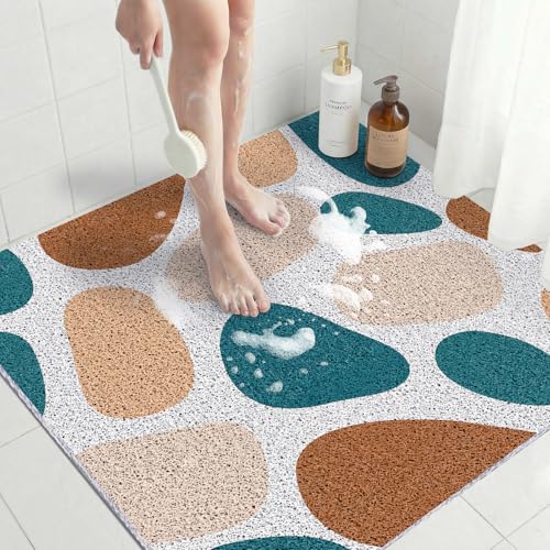 Anti Slip Shower Mat, 31 x 31 Inch Square Soft PVC Loofah Bath Mat for Inside Shower Stall, Extra Large Soft Trimmable Shower Floor Mat Non Slip for Home, Hotel, Bathroom, Easy to Clean, Khaki Stone - color: Khaki Stone, size: 31" x 31" (Square)