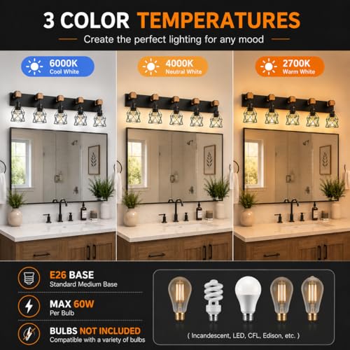 Farmhouse Vanity Light Fixture,5-Light Bathroom Lighting,Black Industrial Wood Wall Light Over Mirror with Metal Shade,LED Bulbs Not Included - color: Black, size: 5-Light-Wide 35"