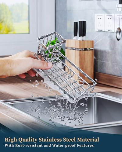Consumest Sink Caddy, Kitchen Sponge Holder with Dish Brush Holder, Kitchen Organizer with Drip Tray for Countertop, Stainless Steel Rustproof - Silver - color: A-silver