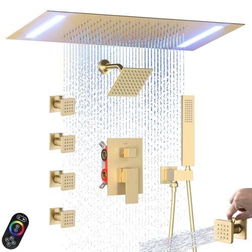 ENGA Dual Rain LED Shower System, 14"x20" Large Shower Head + 6" Wall Shower, 4 Body Jets with Individual On/Off & Adjustable Water Pressure, Rainfall Shower Faucet Set, Brushed Gold - color: Brushed Gold, style: 14X20" Led Shower - Body Jets