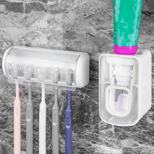 5 Slots Wall Mount Toothbrush Holder with Cover, Self Adhesive Toothbrush Storage Organizer for Shower, Toothbrush Hanger with Automatic Toothpaste Squeezer Dispenser (White) - color: White, size: Combination A
