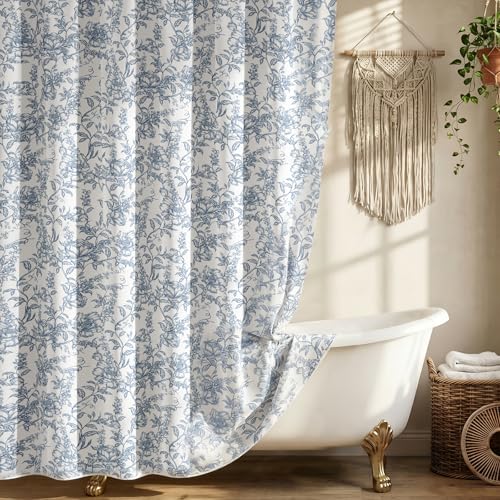 Farmhouse Blue Floral Shower Curtain with 12 Clear Rings, White Fabric Shower Curtain Set, Vintage Cottagecore Shower Curtain for Bathroom 72" W x 72" L - color: Blue-white Base, size: 72"W x 72"L (Pack of 1)