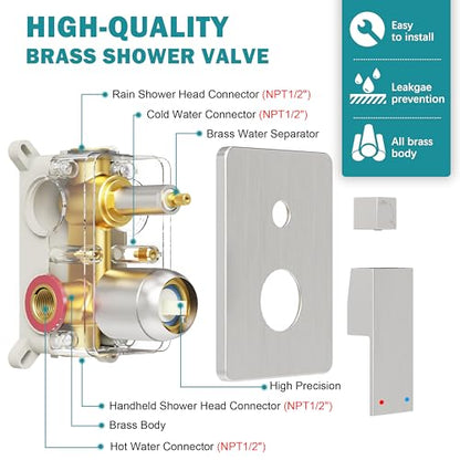 10" Rain Shower System with Handheld & Valve, Brushed Nickel | Wall-Mounted High-Pressure Shower Faucet Combo Set, 10-Inch Rain Shower Head with Handheld Spray,Includes Valve and Trim Kit - color: Brushed Nickel 10