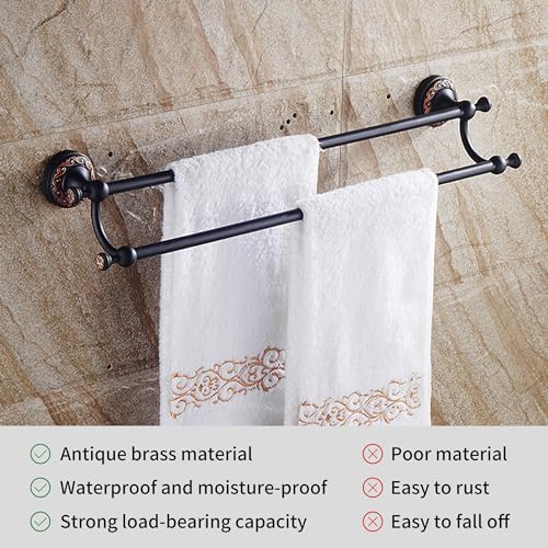 Oil Rubble Bronze Brass Double Towel Bar, Adjustable 15.5 to 27.5 Inch Bath Towel Bar Rack for Bathroom Towel Holder, Wall Mounted Black Bathroom Hardware Accessories,Pattern Carving Design - color: Double Towel Rack