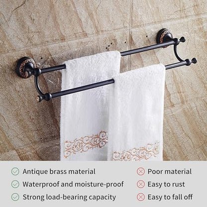 Oil Rubble Bronze Brass Double Towel Bar, Adjustable 15.5 to 27.5 Inch Bath Towel Bar Rack for Bathroom Towel Holder, Wall Mounted Black Bathroom Hardware Accessories,Pattern Carving Design - color: Double Towel Rack