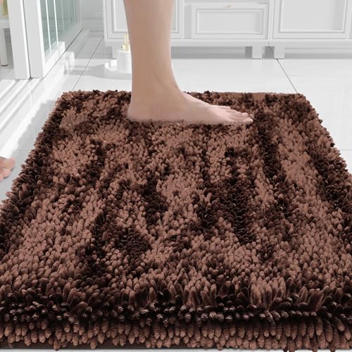 Yimobra Chenille Bathroom Rugs Non Slip, Extra Thick Soft Absorbent Bath Rug, Machine Washable Quick Dry Bath Mat for Bathroom Floor, Tub and Shower, Home Decor Accessories, 24x17, Brown - color: Brown, size: 24" X 17"