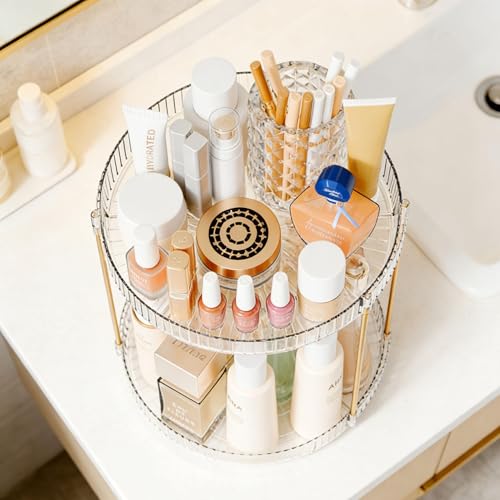 Acrylic 360 Rotating Makeup Organizer and Perfume Organizer,2 Tier Make Up Holder and Acrylic Skincare Organizers for Countertop,Vanity,Bathroom,Clear Spinning Beauty Organizer for Face Product - size: 2 Tier