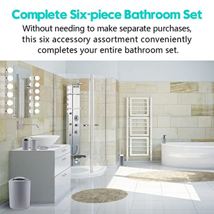 Compact 6-Piece Grey Plastic Bathroom Accessories Set with Small Trash Can, Soap Dispenser, Toothbrush Holder, Cup, Soap Dish, Toilet Brush for Guest Bathroom Dorm Apartment - color: Grey