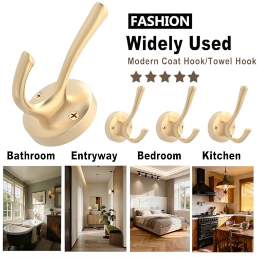 TOFIIGREM Gold Wall Hooks, 5 Pack Coat Robe Hook Heavy Duty Metal Double Bath Hook Wall Mounted, Hand Towel Hooks for Cubicle Bathroom Kitchen Closet Garage - color: Gold, size: 5 Pack