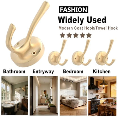 TOFIIGREM Gold Wall Hooks, 5 Pack Coat Robe Hook Heavy Duty Metal Double Bath Hook Wall Mounted, Hand Towel Hooks for Cubicle Bathroom Kitchen Closet Garage - color: Gold, size: 5 Pack