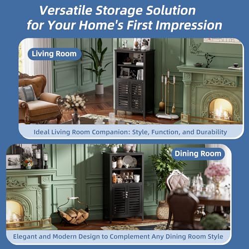 HITNET Black Bathroom Storage Cabinet, Freestanding Bamboo Floor Cabinet 5 Tier Tall Kitchen Cupboard with Door and Removable Shelves - color: Black