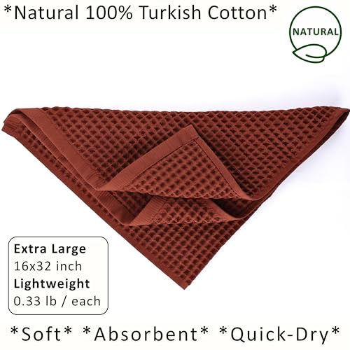 PÜSKÜL Natural 100% Turkish Cotton Waffle Kitchen and Hand Towels, 3-Piece | Brick-Red, 32x16" Large, Premium 3D Honeycomb Weave Soft Absorbent Quick-Dry Lint-Free Dish Towel, Oeko-Tex Made in Turkey - color: Red Brick, size: Kitchen & Hand Towels Pack of